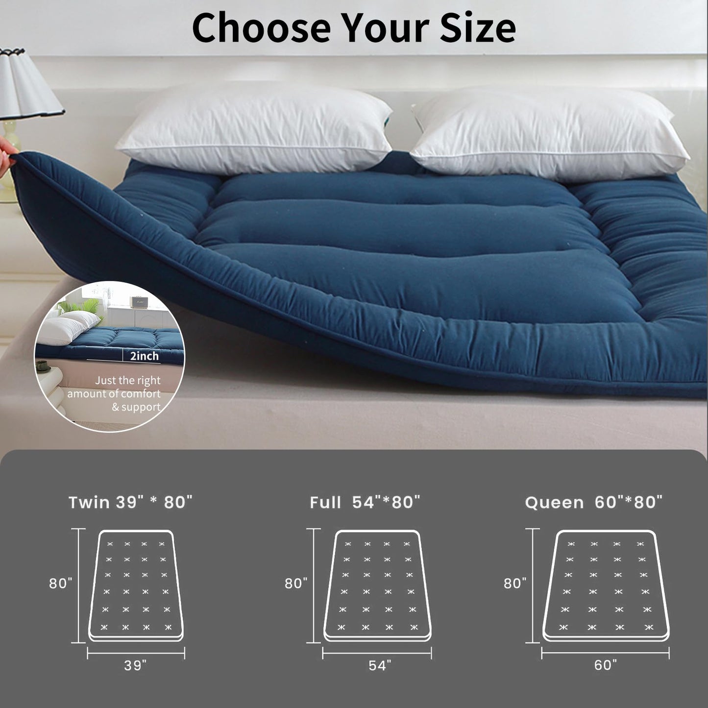 FISHDRU Futon Mattress, Japanese Floor Mattress,Japanese Floor Bed,Tatami Foldable Bed,Roll Up Sleeping Pad for Adults Guest Room Bedroom (Blue, Twin)