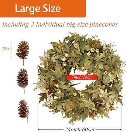 24" Natural Looking Fall Winter Door Wreath Outside, Green and Brown Ombre Foliage Thanksgiving Autumn Wreaths for Front Door Porch with White Berries and Pinecones
