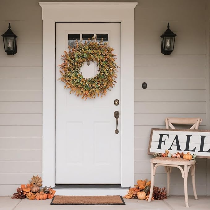 26" Fall Wreath for Front Door, Porch, Window - Large Artificial Boxwood Leaves Outdoor Wreath for Home, Farmhouse Harvest Festival Thanksgiving Day Autumn Decor