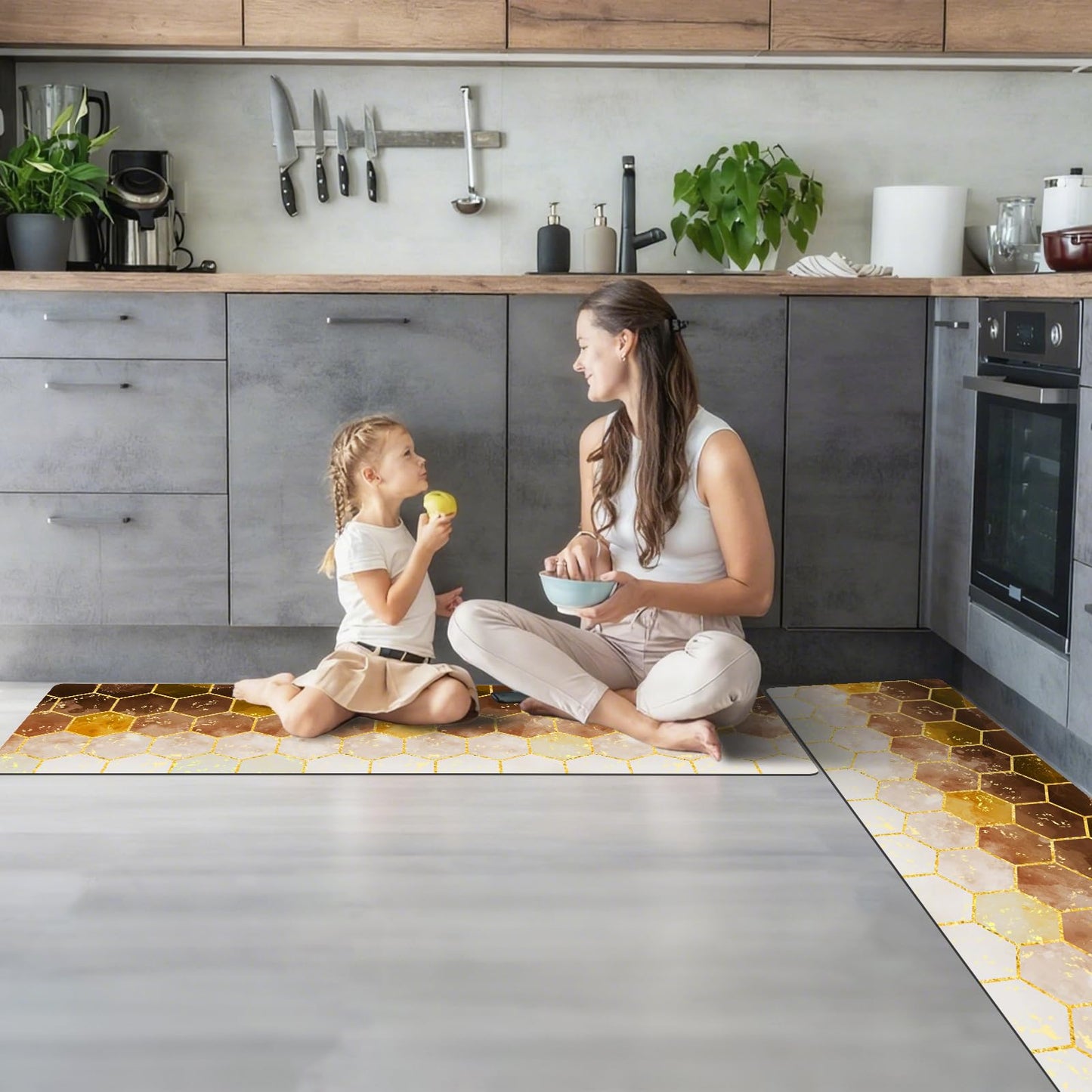 BSSN 3-Piece Kitchen Rugs and Mats Set,Cushioned No-Slip Resistant Kitchen Mats for Floor,Luxury Gold Hexagon Geometric Comfort Floor Mats,Washable Runner Rug for Kitchen Sink,Laundry,Office