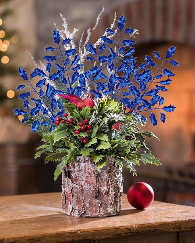 DILATATA 6Pcs Christmas Glitter Leaves Holly Leaves 23" Artificial Royal Blue Holly Leaf Picks Sprays Giltter Stems for Christmas Tree DIY Xmas Wreath Garland Home Decor - Royal Blue