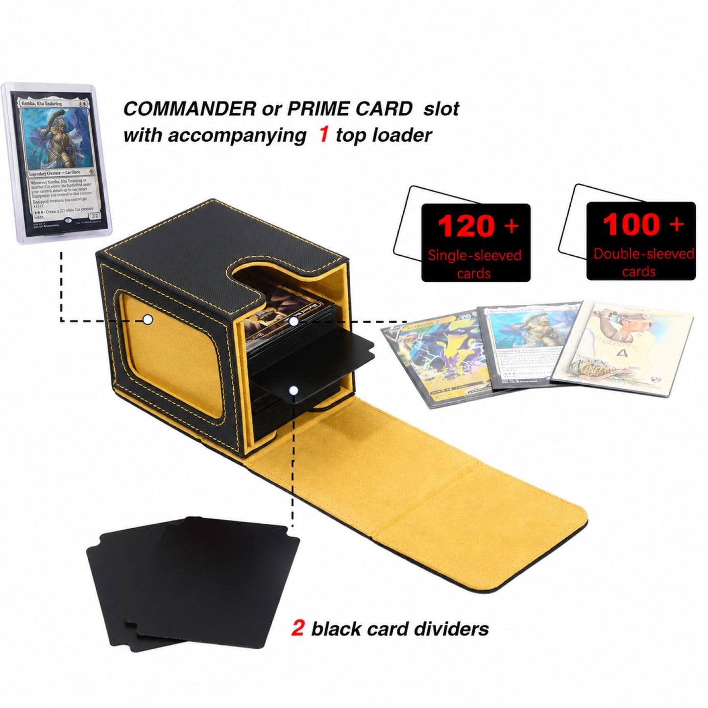 Venssu MTG Deck Box for Commander Display, Fits 100 Double Sleeved Cards, TCG Card Storage Box (Black and Yellow, 1 Window)