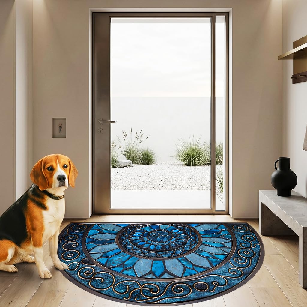 Half Round Door Mat 35.4 x 23.6 Inch, Non Slip Washable Semicircle Entryway Rug, Blue Mosaic Floor Mat for Front Door Kitchen Bathroom Patio(Blue, 35.4 x 23.6inch)