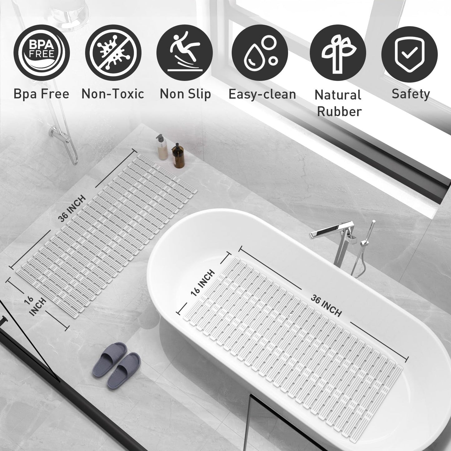 XIYUNTE Shower Mat Non Slip Bath Mat for Tub - 36 x 16 Inch Bathtub Mat Non Slip Shower Mat for Inside Shower, TPE Bath Mat with Powerful Suction Cup, Easy to Cut Bath Tub Mat, Grey