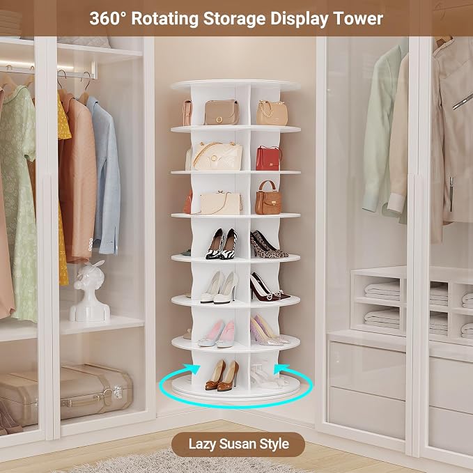 7-Tier Rotating Standing Shelf Unit with Dividers, 360° Storage Display Tower Vertical Floor Organizer, for Bedroom, Closet, Entryway & Office, Ideal for Shoes, Cosmetics & Handbags, White