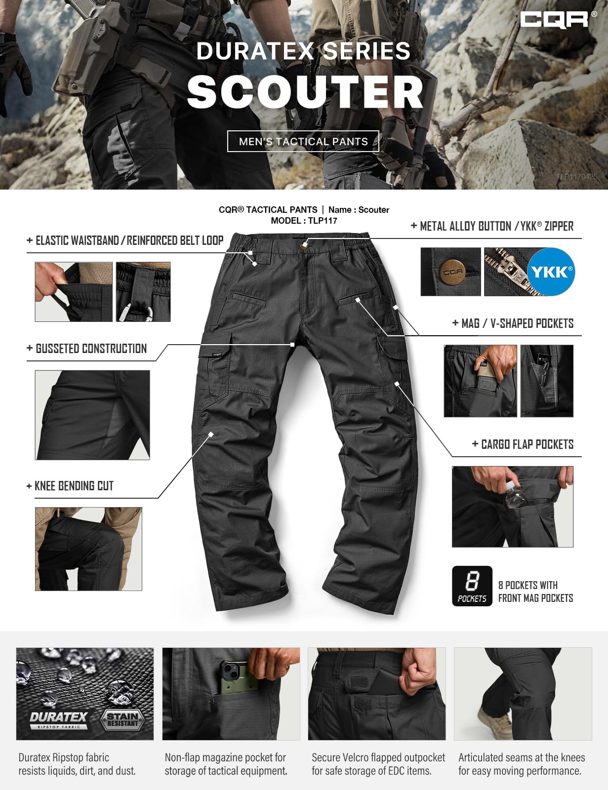 CQR Men's Tactical Pants, Water Resistant Ripstop Cargo Pants, Lightweight EDC Work Hiking Pants, Outdoor Apparel, Raider Black, 28W x 30L