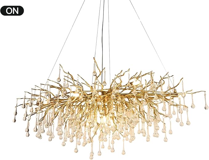 Modern Crystal Rectangular Chandelier for Dining Room, 47.24inch Gold Branch Lighting Raindrop Large Kitchen Island Hanging Light Fixture for High Ceiling Living Room Bedroom Foyer