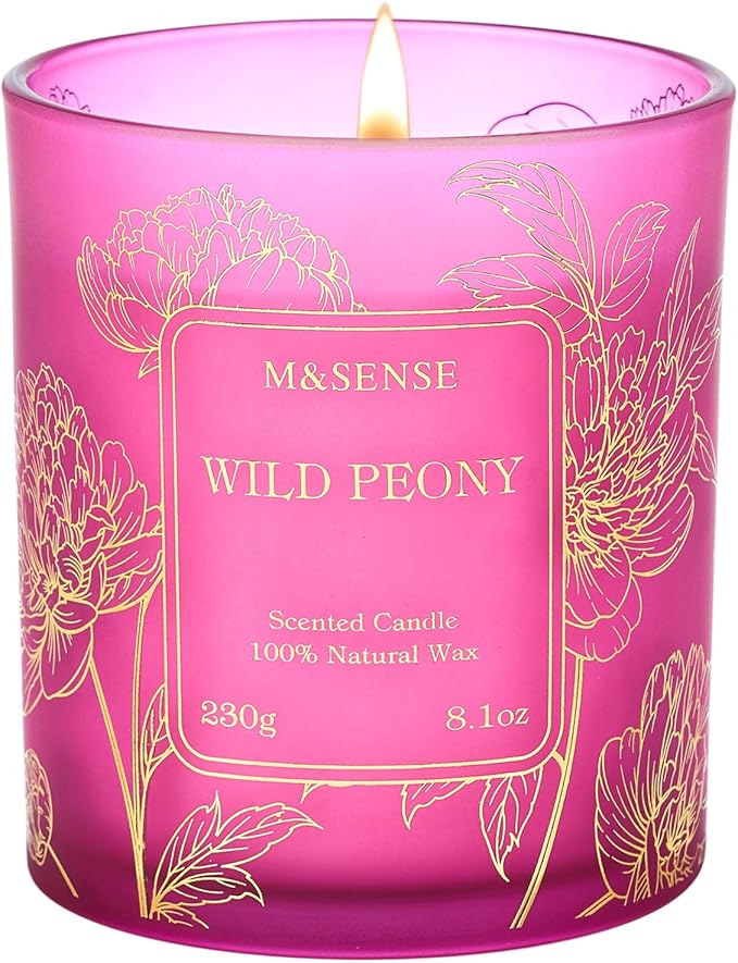 M&SENSE Floral Scented Soy Candles, Wild Peony Subtle Scented Vegan Soy Candle, 8.1oz 42-Hour Long Last Burning Time, No Toxin Bathtub Thanksgiving Christmas Date Night Romance Home Fragrance for Her