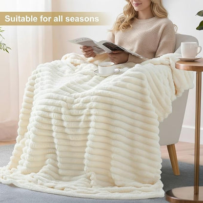 decorUhome Soft Fleece Cream White Twin Blanket for Bed, Cozy Fluffy Plush Flannel Striped Throws for Couch Sofa, Lightweight Decorative Ribbed Fuzzy Blanket for Woman, 60x80 Inches