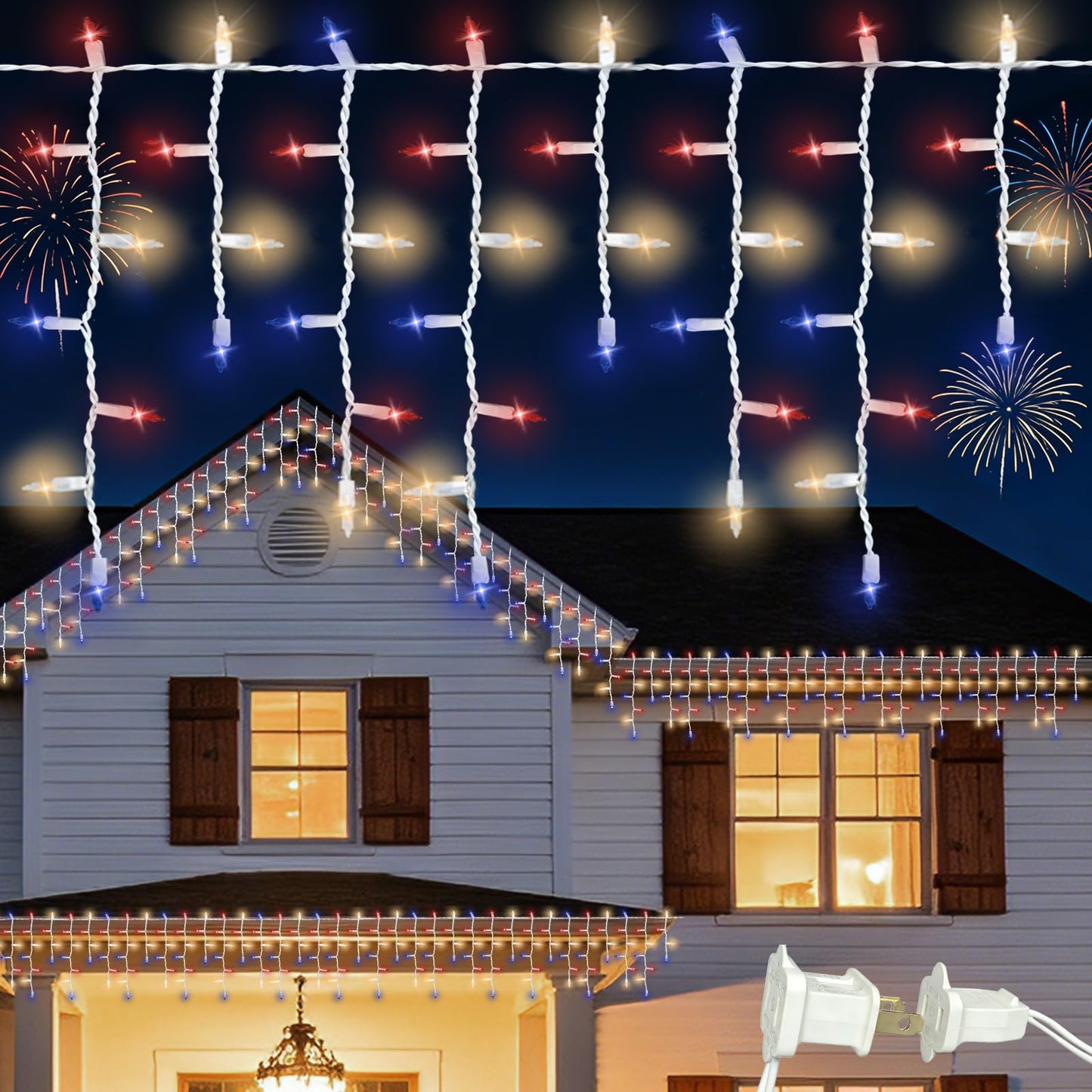 TWINGLEHOME 100 Incandescent Icicle String Lights with White Wire, Multifunctional Modes Lighting (Red, White, Blue) for Nation Day