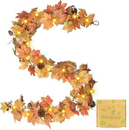 6 Ft Artificial Fall Garland with Lights - Autumn Maple Leaf f Thanksgiving Decor Hanging Vine Autumn Foliage Garland Used for Home Wedding Party Decor