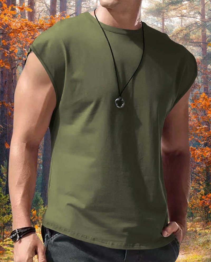 Grafumo Mens Workout Gym Tank Top Crew Neck Cap Sleeve Muscle Shirts Solid Trendy Casual Running Beach Loose Fit Tees Army Green
