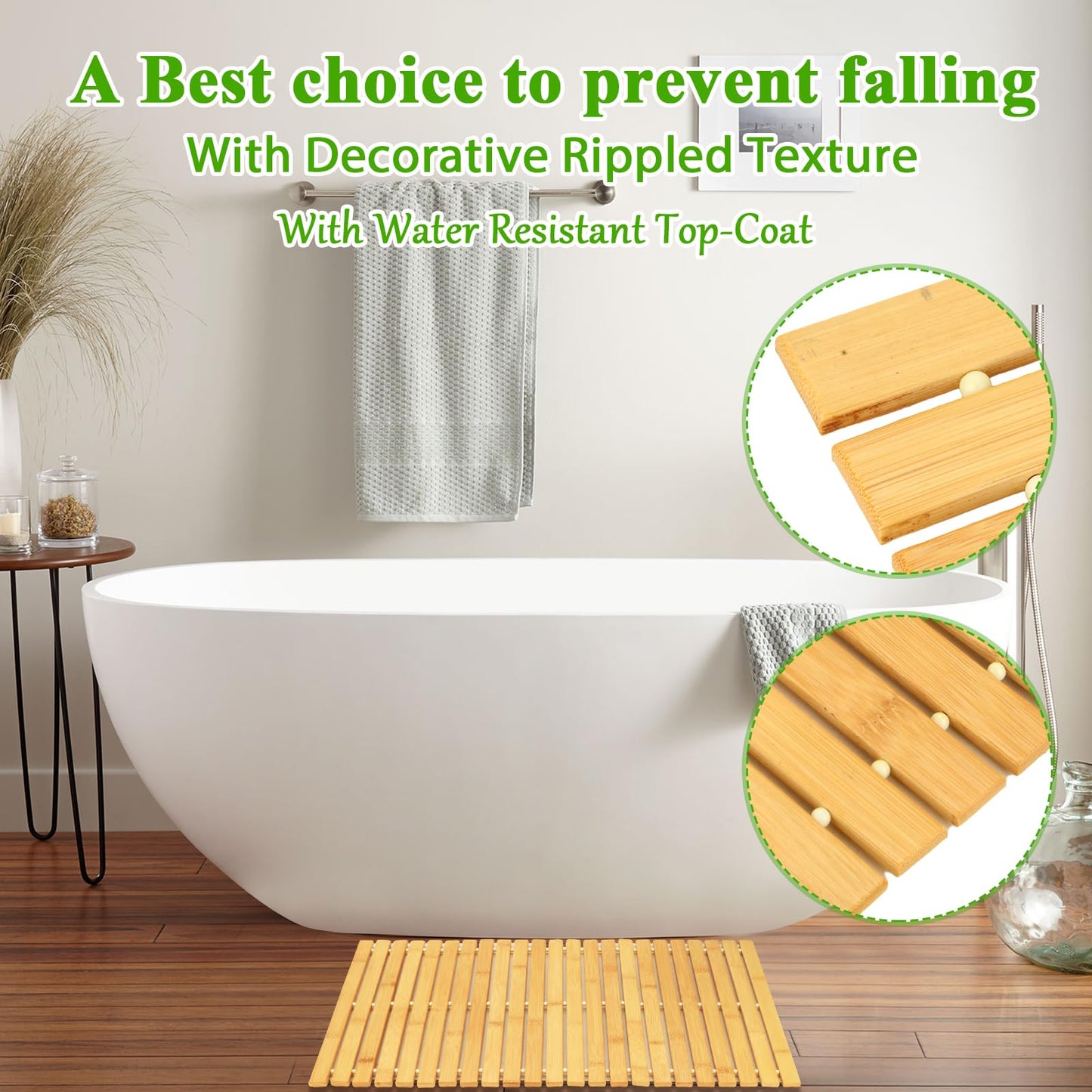 QTLCOHD 2 Pcs Bamboo Bath Mat, Wood Shower Bathroom Mat, 16 x 24 Inch