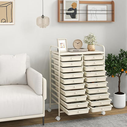 COSTWAY 20-Drawer Rolling Storage Cart, Utility Storage Organizer Cart for Tools, Scrapbook, Paper, Craft, Multipurpose Storage Trolley on Wheels for Home Office School, Ivory White