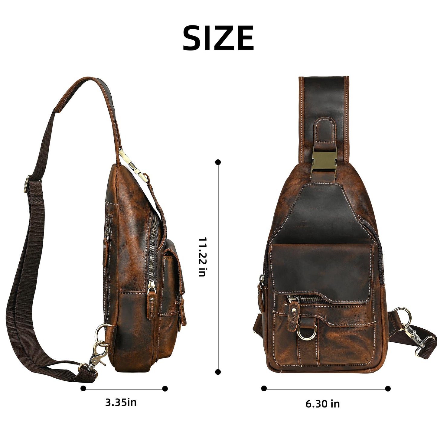 Handadsume Water Resistant Canvas + Leather Hiking Travel DayPack Sling Crossbody Triangle Chest Pack Bag For Men Women FB8013 (100% Genuine Leather-8015 Brown)