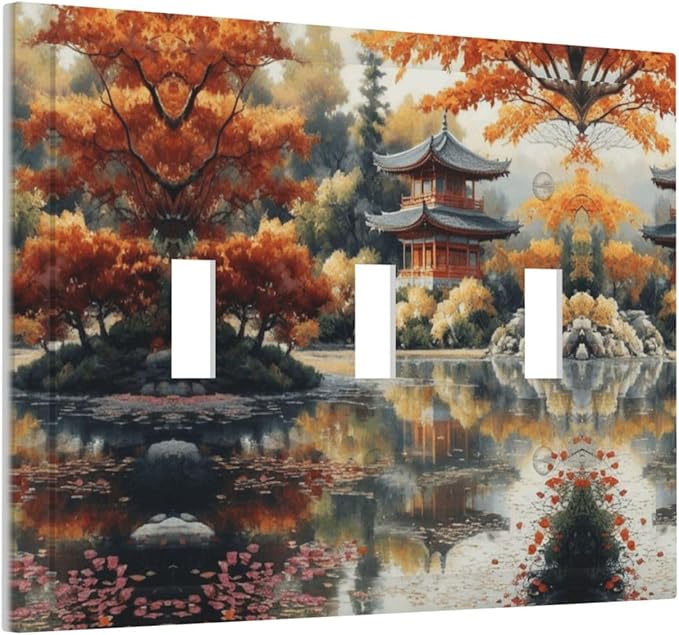 Decorative Art Light Switch Covers Lake & Pagoda in Fall 3 Gang Triple Toggle Wall Plate Decorative Switch plate Electrical Faceplate for Home Decor