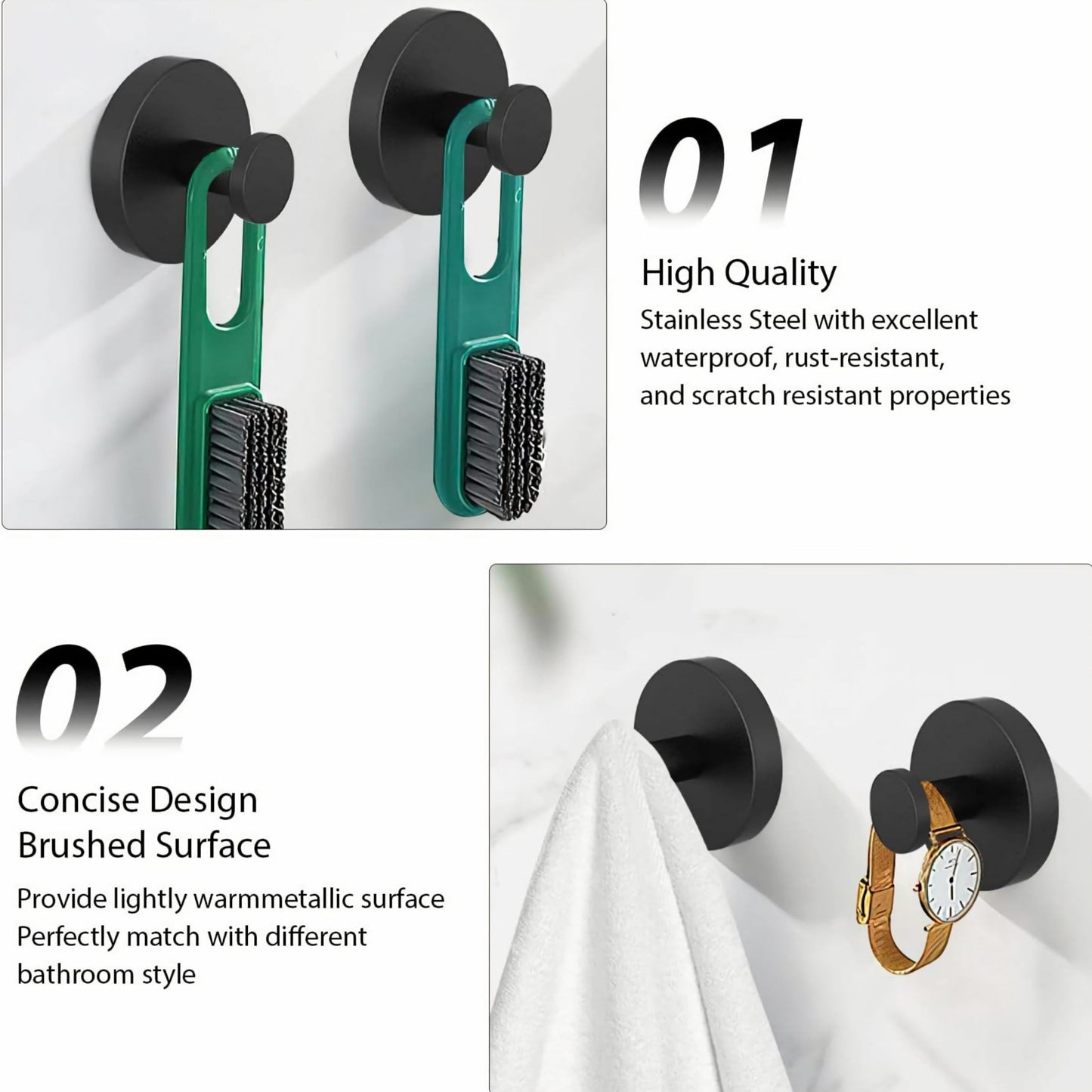 BRMUEIX 4 Pack Suction Cup Hooks for Shower,Glass Door Tile & Windows,Towel Hooks for Bathrooms,No Drill Stainless Steel Bathroom Hooks,Removable Suction Cup Wreath Hangers for Front Door(Black)