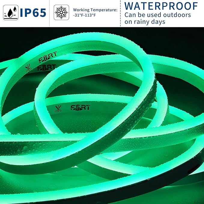 FORT AC110V 120V 100FT led Strip Lights RGB Led Neon Rope Light Driverless IP66 Waterproof Outdoor 144LEDs/m Dot Free Multicolor 100ft led Lights with Remote, Easy Installation ETL FCC