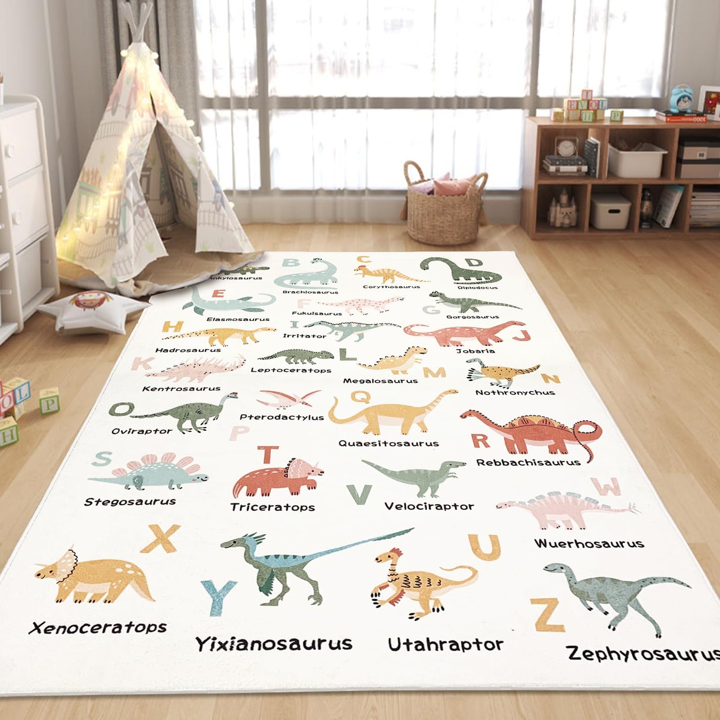 Abeigoi Dinosaur Area Rug - 4x6Ft Large, Soft, Washable, Non-Slip, ABC Animal Alphabet Playroom Carpet Mat for Kids, Bedroom, Nursery, Educational Decor