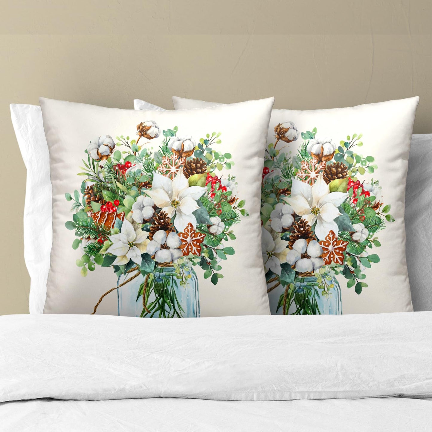 Winter Floral Bouquet Throw Pillow Covers 18x18 Inch 2 Packs Christma Poinsettias Pinecones Pillowcase Holly Berries Eucalyptus Mason Jar Farmhouse Cotton Square Cushion Case for Home Sofa Bedroom