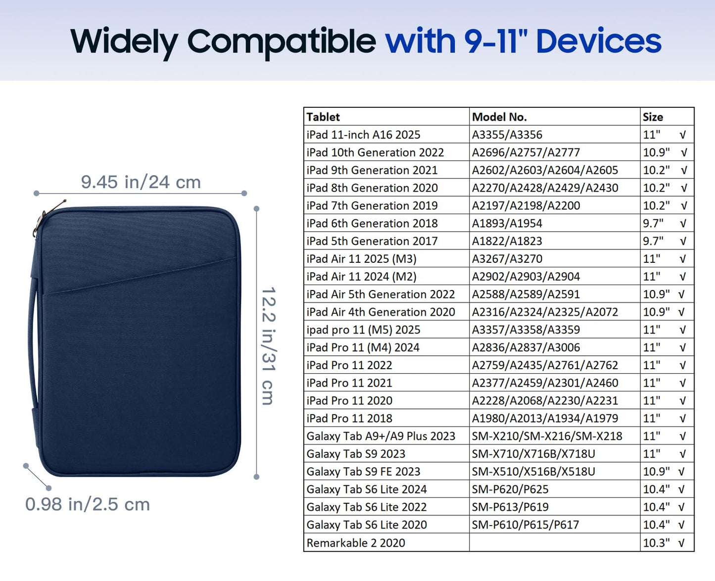 TiMOVO 9-11" Tablet Sleeve Bag for iPad 11-inch A16 2025, iPad 10.9"/10.2"| Air 11 Inch/5th/4th Gen. 10.9", Galaxy Tab A9+/A11Plus 11", Protective Bag with Pockets, Indigo