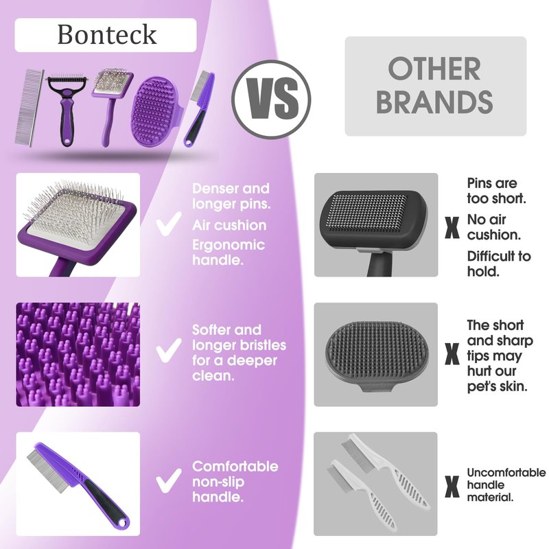 Bonteck Dog Slicker Brush for Dogs Grooming Kit 5PCS | Large Dog Brush for Goldendoodles Poodles Doodles | Long Pin Haired Brush | Poodle Brushes and Comb (Purple)