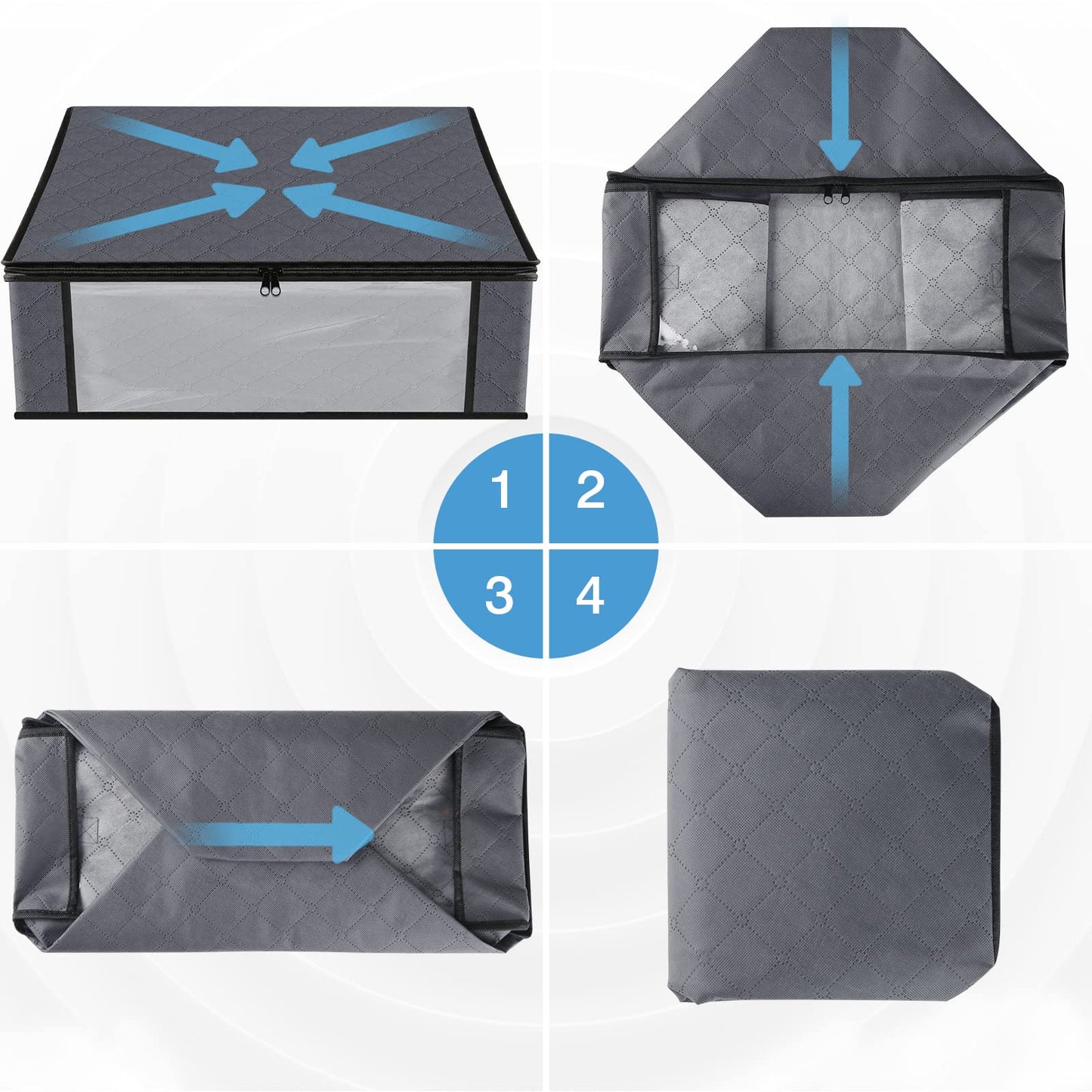 HomeHacks Storage 3-Pack Clothes Organizer Storage Bags Foldable Storage Box with Large Clear Window Sturdy Handles for Closet, Dorm, Pillows, Bedding, Clothes, Blankets, 35L, Gray