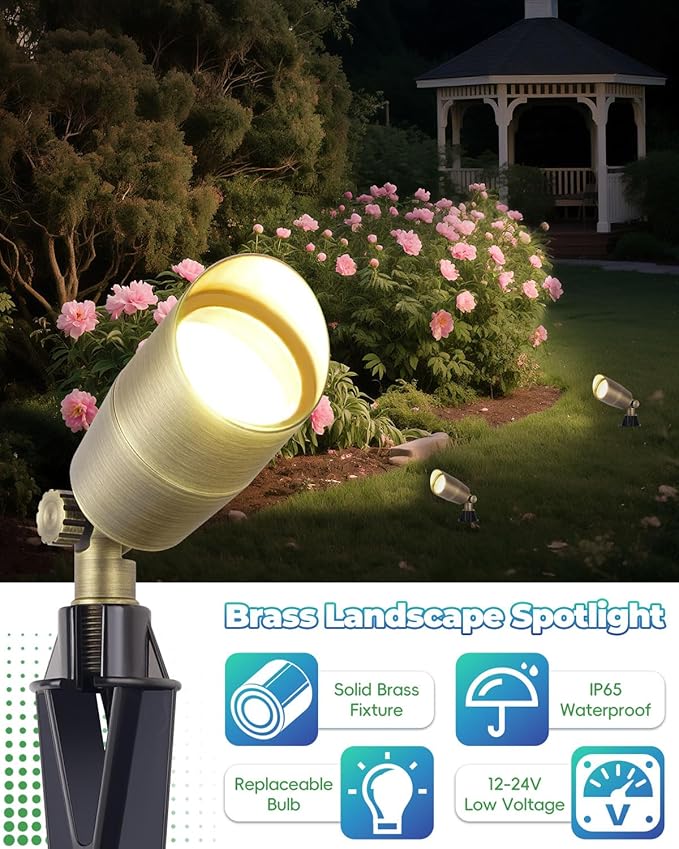 Low Voltage Brass Landscape Light, Solid Outdoor Spotlight with Replaceable MR16 LED Bulb 5W, 2700K Warm White, 12V 24V Landscape Lighting, Waterproof Design for Garden, Yard