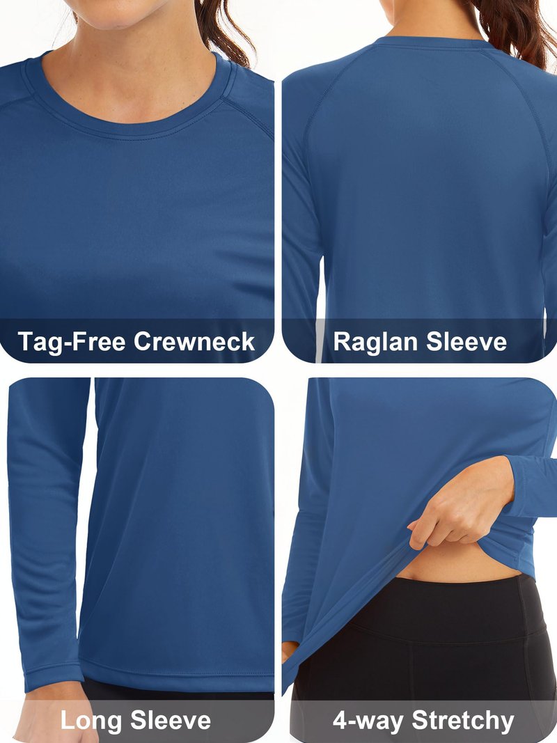MAGCOMSEN Women's Fitted Running Shirts - Sun Protection Rashguard Long Sleeve Shirts Blue Grey