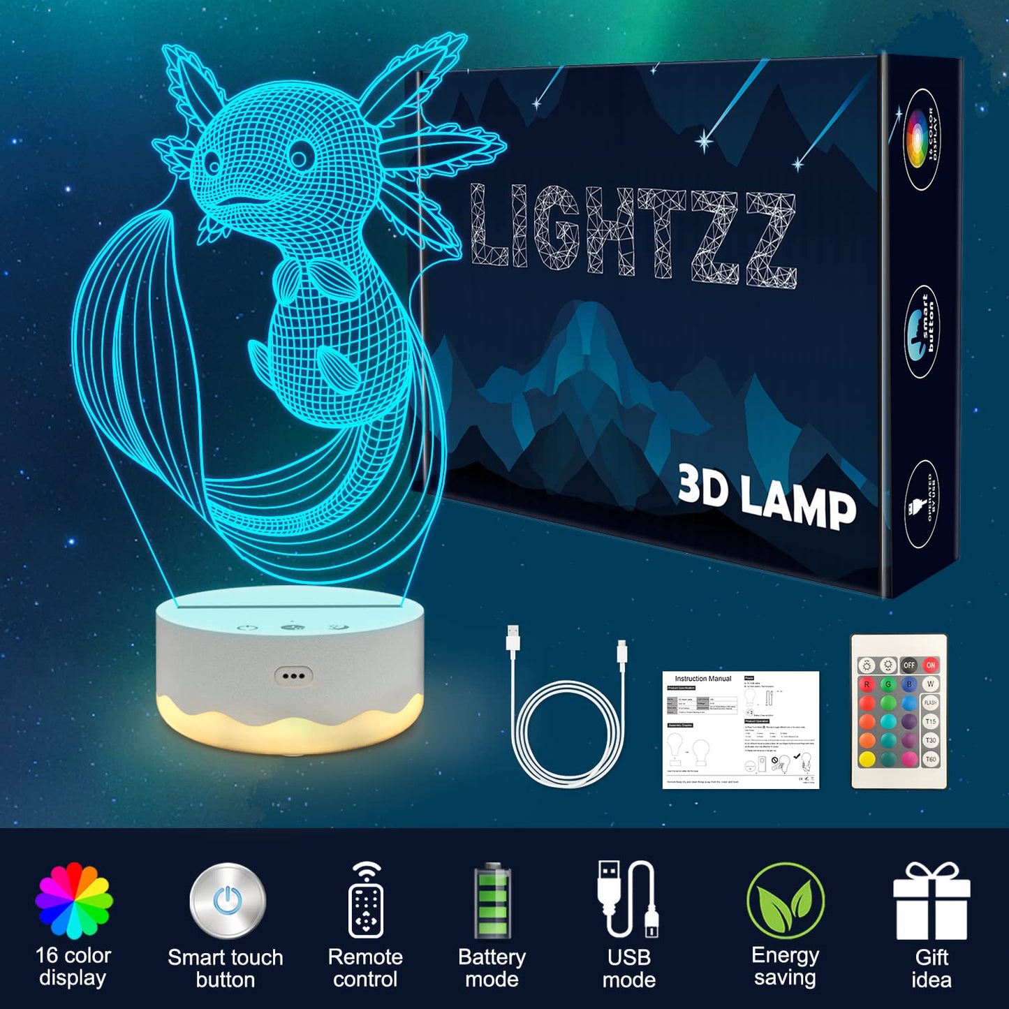Axolotl Night Light, 3D Illusion lamp with Remote + Touch 16 Color Flashing Changing + Timer Desk Lamps Kids Room Decor Best Festival Birthday Gifts (Axolotl)