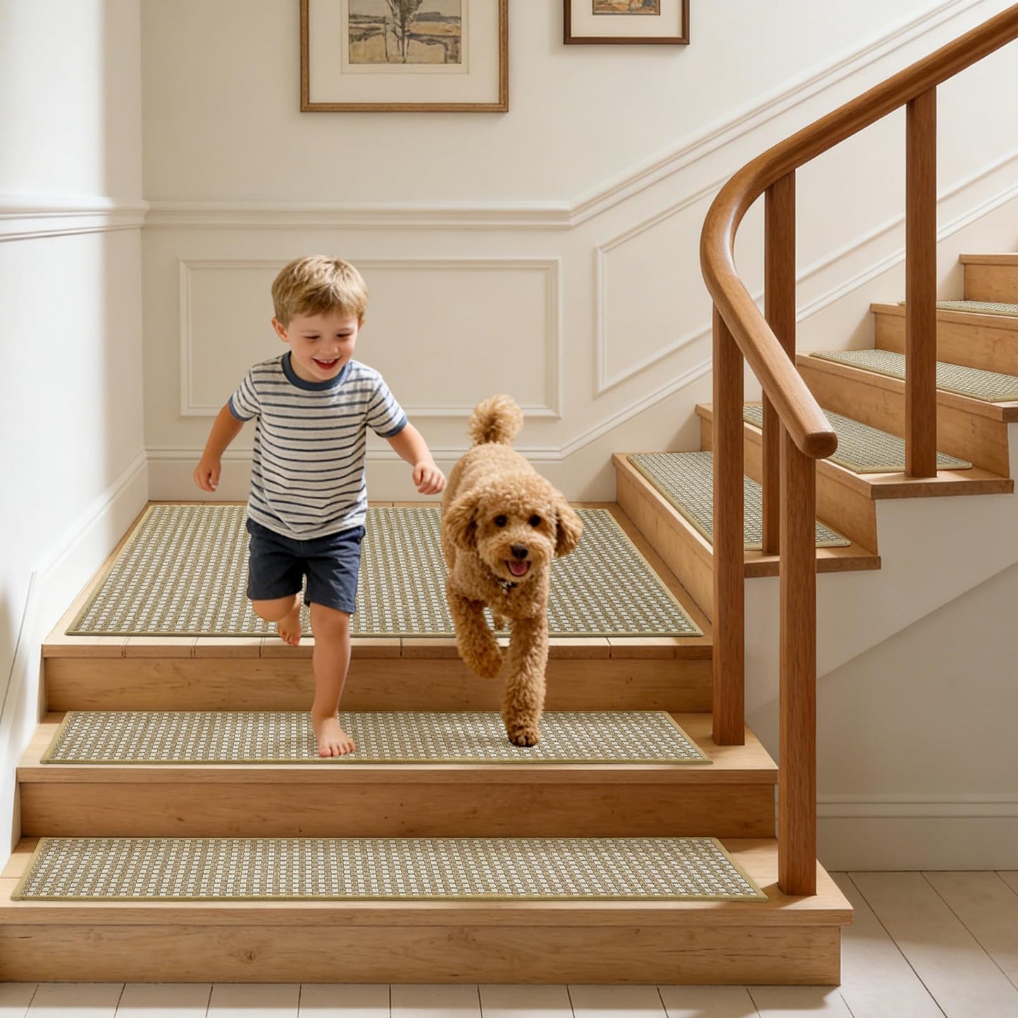 SMILOOL Stair Treads Non Slip for Wooden Steps Indoor 9" x 36" 4 Pack Extra Wide Stair Tread Carpet Stairs Runner, Step Pads with Reusable Adhesive for Dogs Kids Elders, Machine Washable, Beige