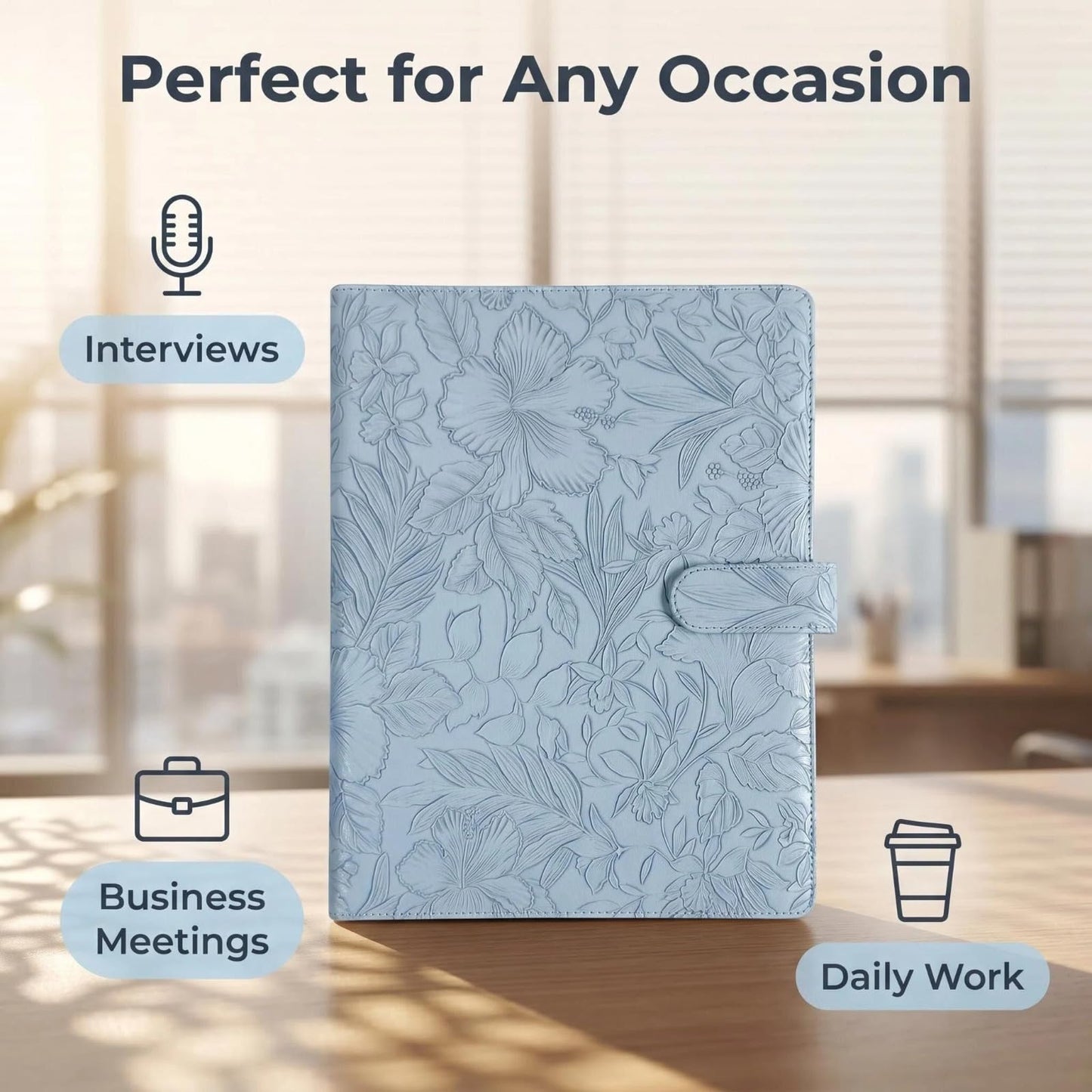 Portfolio Padfolio Binder, Faux Leather Professional Document Organizer with Business Card Holder, Letter-Sized Notepad Legal Pad Holder, Durable Executive Folder for Interviews, Meeting (Blue)