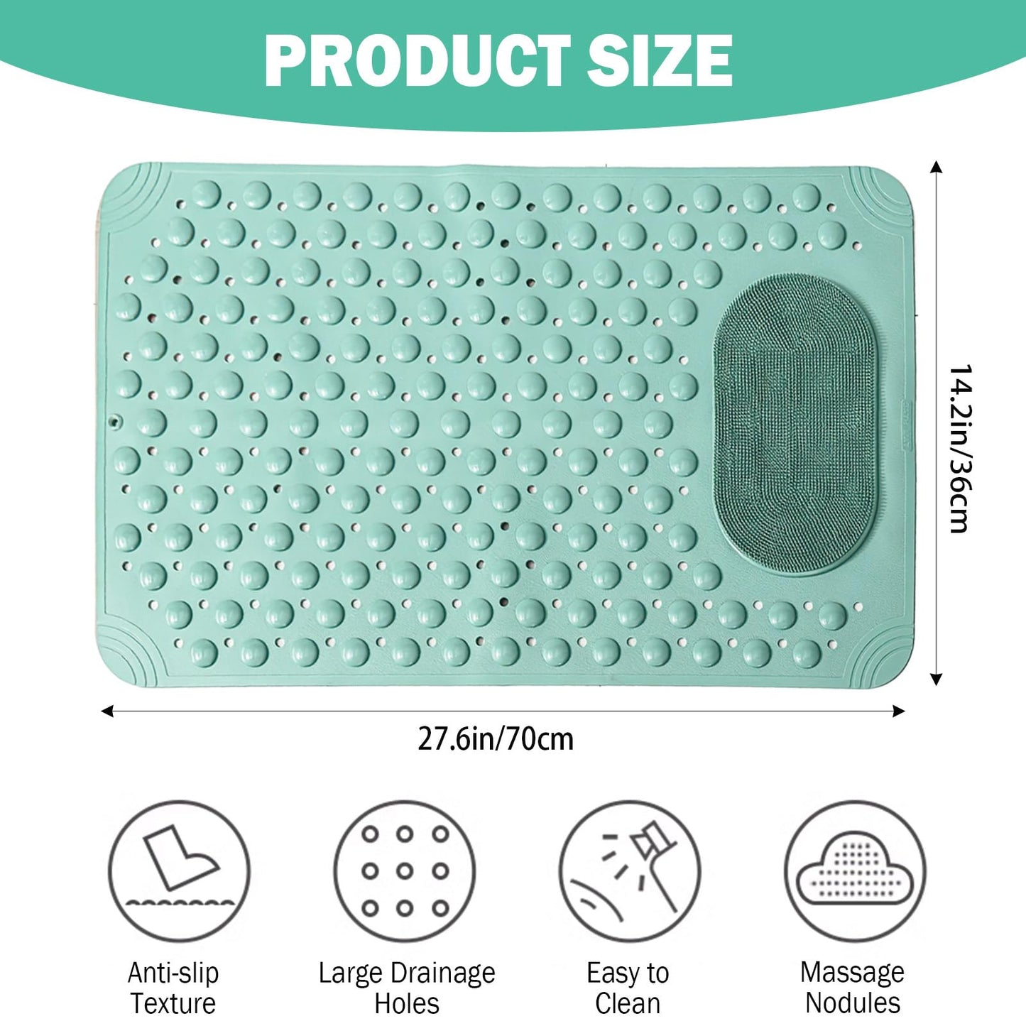 27.6 x 14.2 Inch Non-Slip Bathtub Mat, Machine Washable Bathroom Mat with Suction Cups and Drain Holes, Ideal for Bathtub or Bathroom Floor (Green)