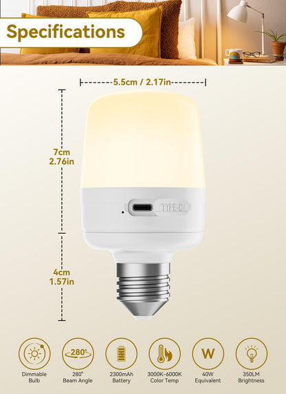 Minetom E26 Rechargeable Light Bulbs with Remote and Timer, Battery Backup Bulb with 12 Colors and Brightness Dimmable, 2300mAh 40W Equivalent LED Light Bulbs for Lamps Sconces Camping, 2 Pack