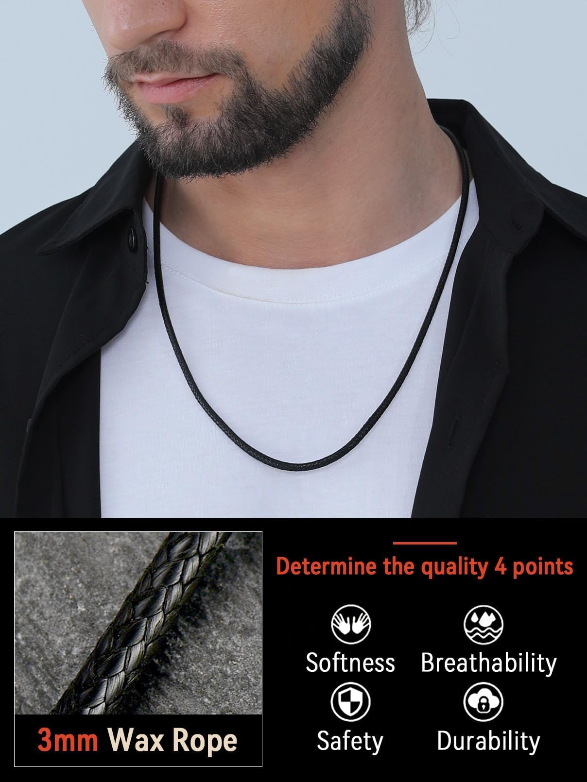 FaithHeart Waterproof Braided Leather Cord Chain Necklace Mens Wax Rope Chains for Pendant with Stainless Steel Clasp