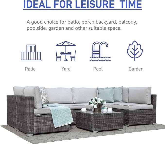 Patiorama 7 Pieces Outdoor Patio Furniture Set, All Weather Grey PE Wicker Rattan Sectional Conversation Set, Porch Garden W/Built-in Glass Table, Seat Clips, Light Grey Cushions