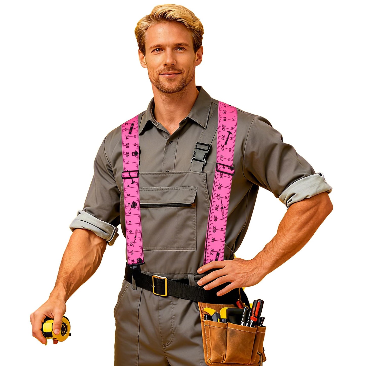 Movwokon Men's 2" Wide Heavy Duty X-Back Elastic Suspenders, Strong Metal Clips, Adjustable for Tool Belt/Carpenter(pink)
