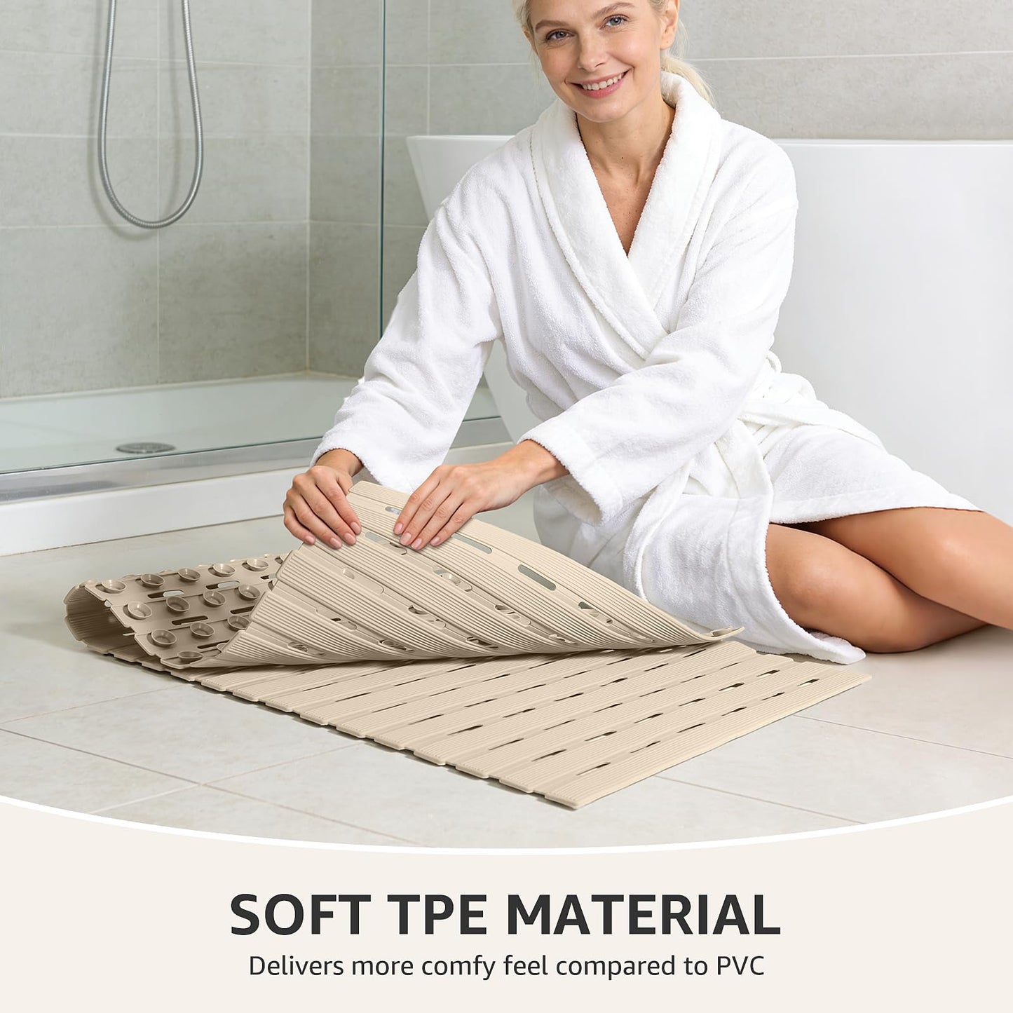 OTHWAY Non Slip Shower Mat, 36.6" x 16.9" Non Slip Shower Mats for Inside Shower, Shower Anti Slip Mat with Suction Cups, Easy to Cut Shower Floor Mat, Machine Washable Bathtub Mats, Light Brown