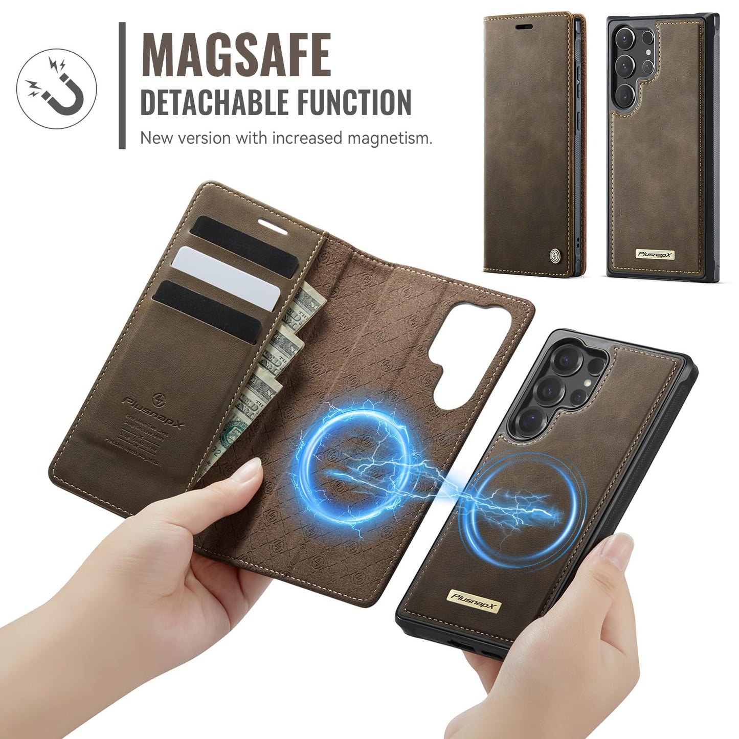PlusnapX Wallet Case for Samsung Galaxy S24 Ultra Compatible with Magsafe, 2-in-1 PU Leather Flip RFID Blocking Card Holder Stand Shockproof Magnetic Detachable Cover for Galaxy S24 Ultra, Brown
