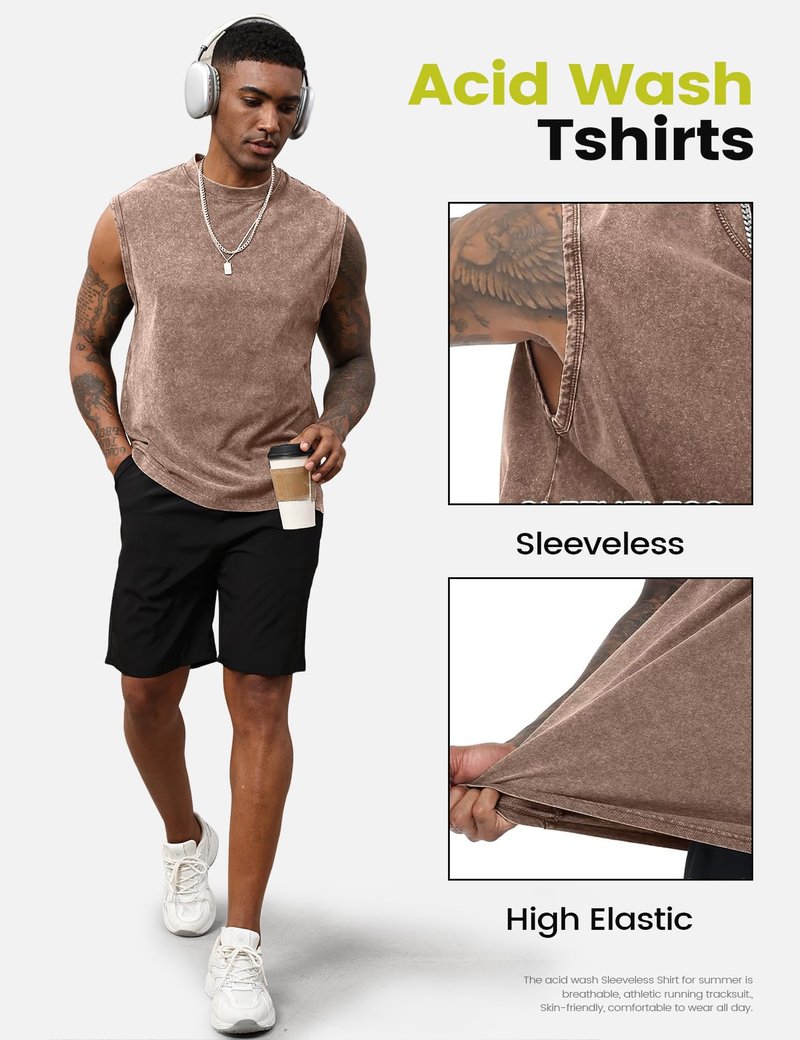 Yimoon Mens Tank Tops Workout Sleeveless Shirts Cotton Acid Wash Tees Loose Gym Muscle Shirts(BlackGreyKhaki-XL)