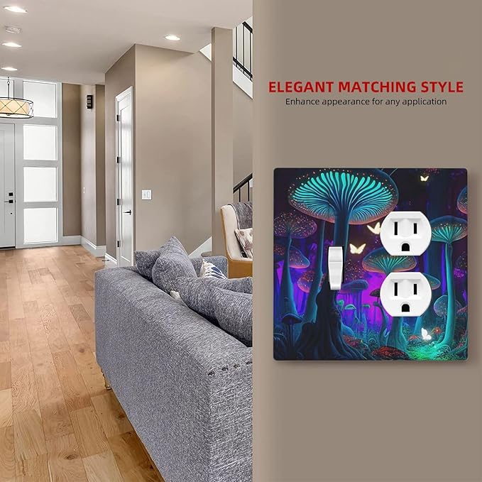 Decorative Light Switch Cover Plate Fantasy Mushroom Forest Glowing Butterfly 2 Gang Outlet Covers 1 Toggle 1 Duplex Wall Plate Decorate Electrical Switch Plate Covers for Bathroom Home Decor