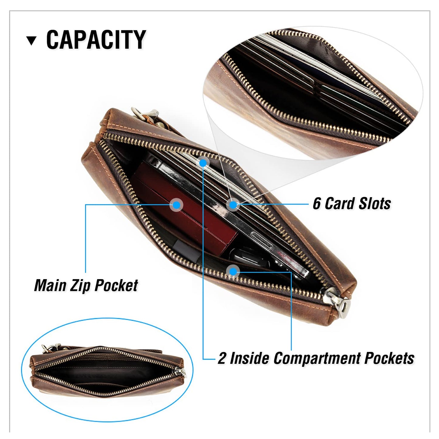 Top Grain Genuine Leather Clutch Wallet with Wristlet for Man & Woman, Handmade Simple Retro Vintage Design, Multi Pockets & Card Slots, RFID Large Capacity for Cards/ID/Checks/Banknote/Phone, Coffee