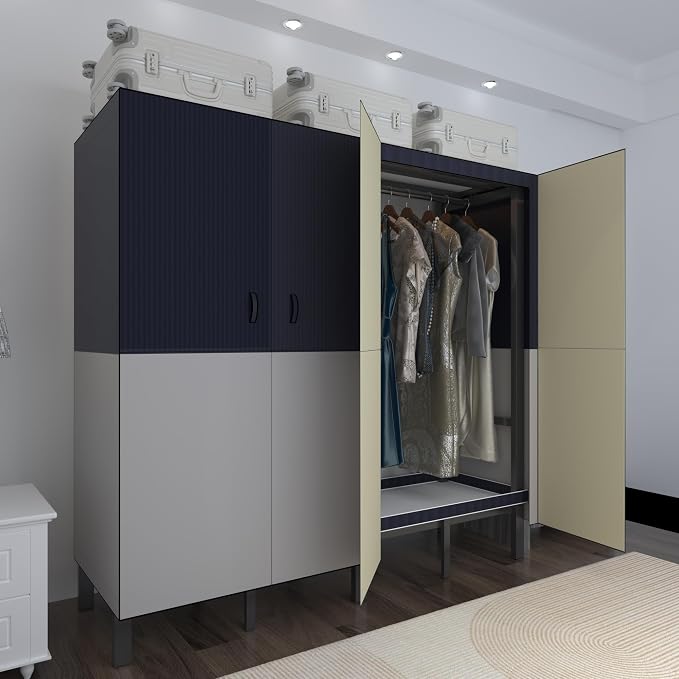 Foldable Portable Wardrobe Closet with Magnetic Doors & Cover, Heavy Duty Covered Clothes Rack with Hanging Clothing Rod, Metal Frame Standing Alone Closet for Bedroom (Door Design C, 49.2IN/125CM)