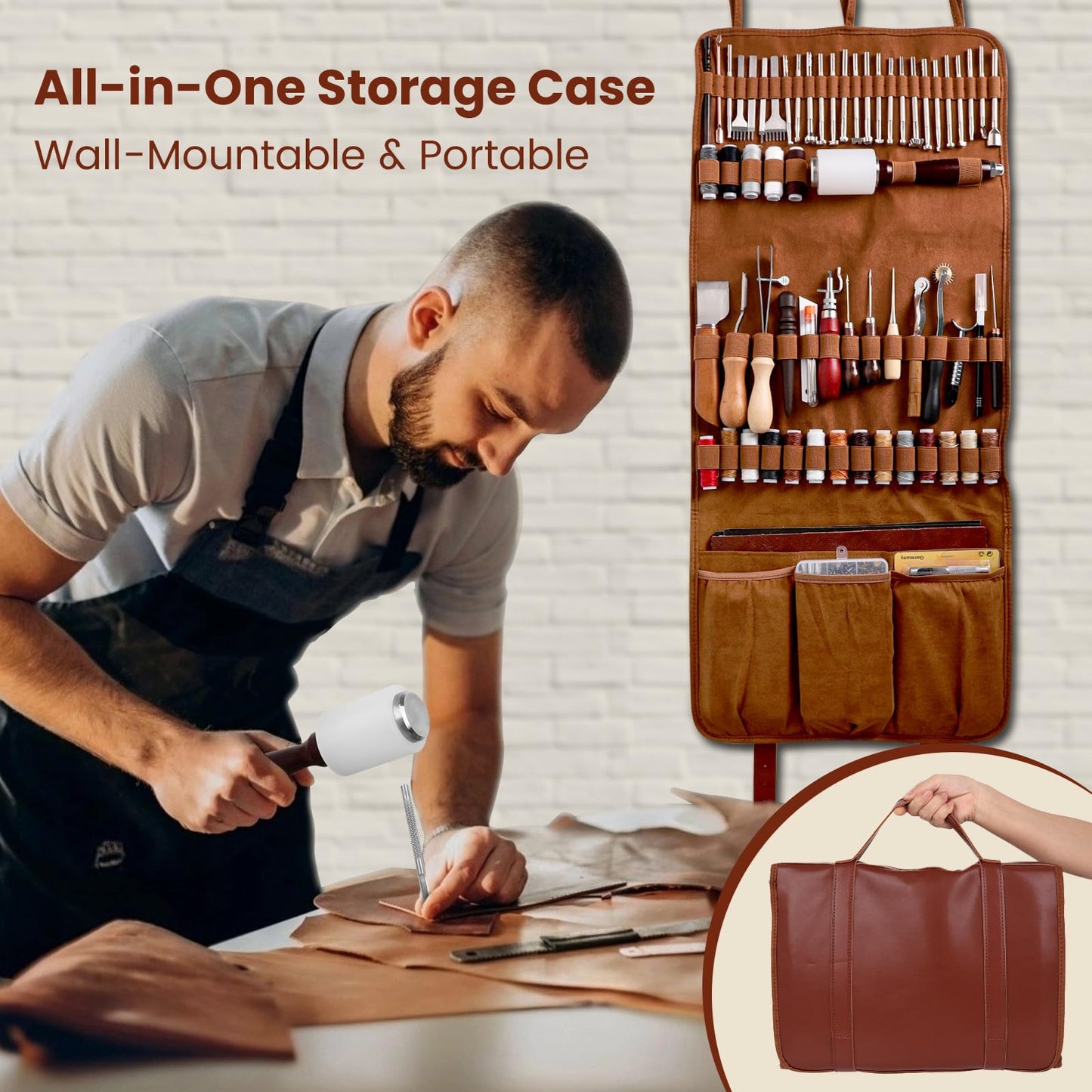 ZAMQIU Leather Working Kit, 155-Piece Leather Tooling Kit with Carving Stamping Sewing Punching Cutting, Leatherworking Tool Set for Beginners, DIY Craft Starter Set for Wallet, Belt, Bag Making
