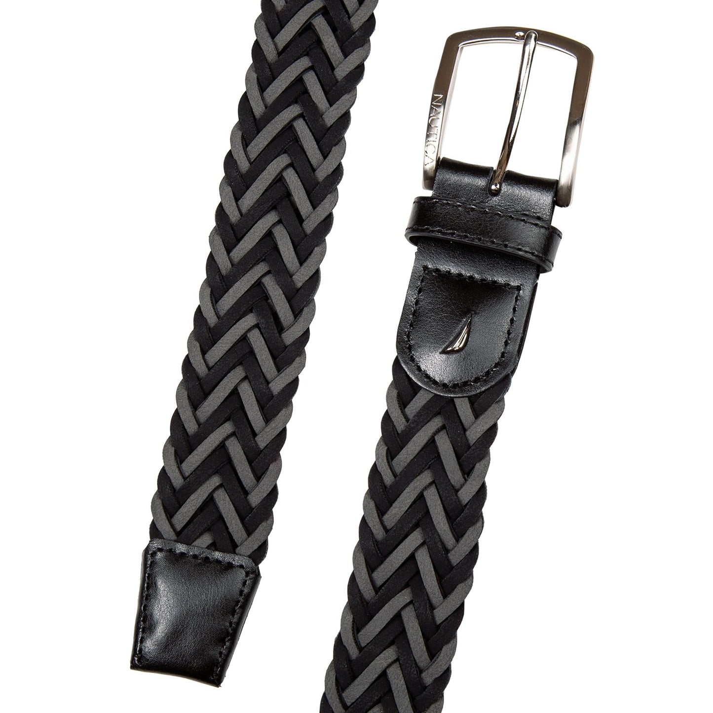 Nautica Men's Casual Leather Belt | Everyday | Classic | Pants | Jeans | Khakis | Chinos | Metal Buckle, Braided Two Tone - Black/Grey, 38 Inches