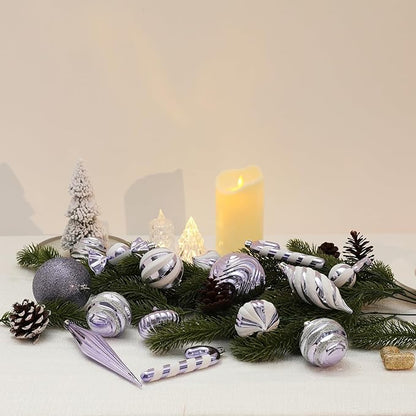 Christmas Ball Ornaments Set Shatterproof Christmas Tree Ornaments 24 PCS Painted Shaped Styles Xmas Tree for Holiday Decor,Purple