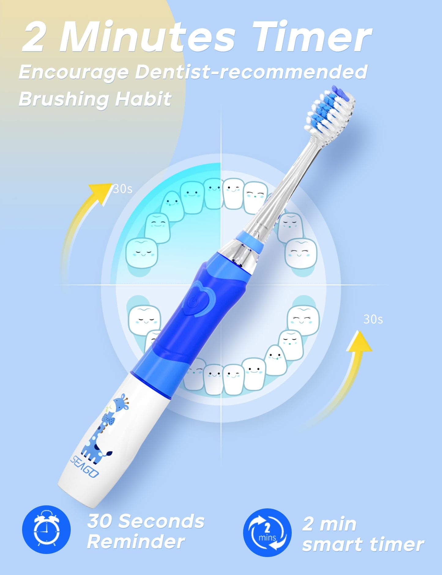 SEAGO Kids Electric Toothbrush with 2 Mins Brushing Timer and 8 Replacement Bursh Heads,Rainbow LED Light Make Brushing Fun, Pink Color Girls Battery Powerd Toothbrush for 4-12 Years Old
