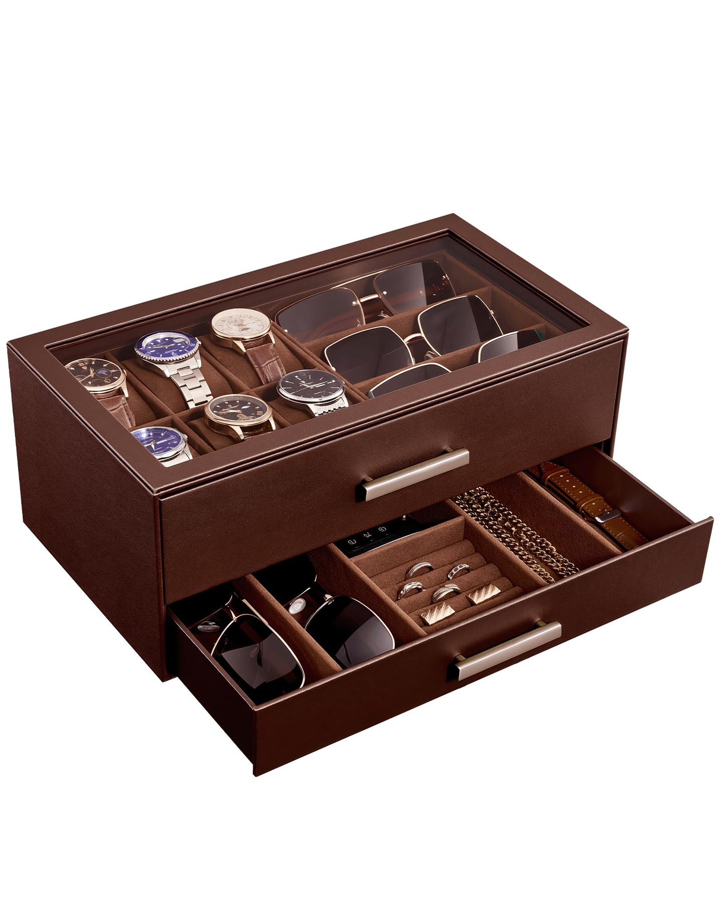 ProCase Mens Jewelry Box Pull-Out Drawer, 6 Slot Watch Case & 5 Slot Sunglasses Organizer, Fathers Day Gift for Dad, 2-Tier Leather Watch Box with Glass Display Top, Gift for Men & Women-Espresso