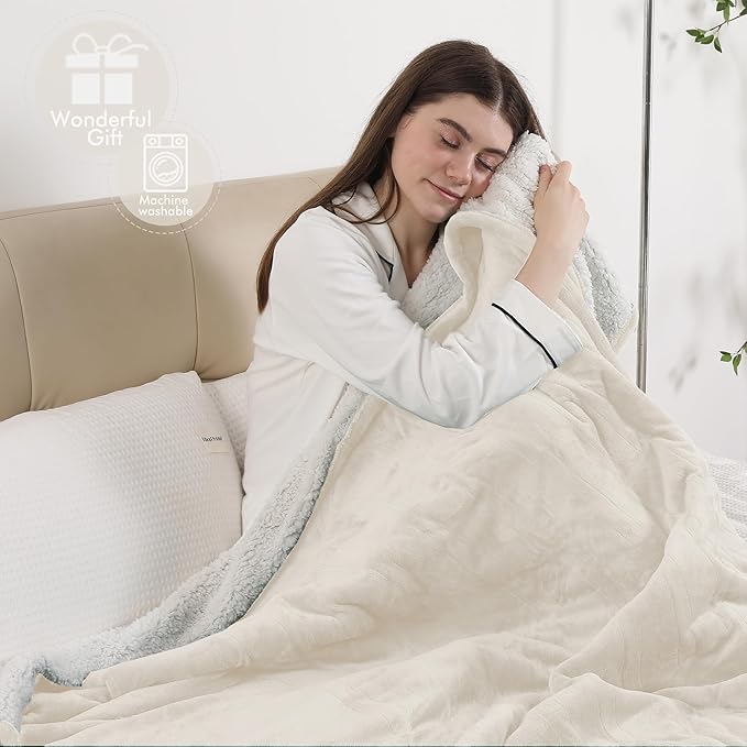 Electric Heating Blanket Queen Size, Cozy Flannel Sherpa Heated Electric Blanket with 5 Heating Levels & 10 Hours Auto Off, Fast Heating, Machine Washable Heated Blanket, 84" x 90", White