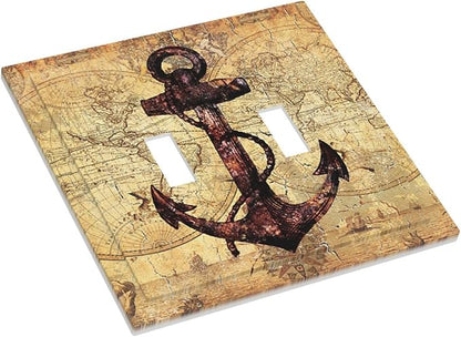 Anchor Nautical Vintage Map 2 Gang Light Switch Plate Cover Double Toggle Wall Plate Decorative Switchplate Electrical Faceplate for Office Livingroom Home Decor
